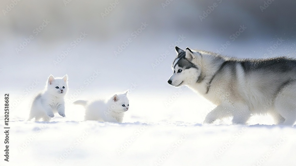 Naklejka premium A husky dog leads two puppies through snow, with a hazy white background