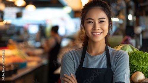 smiling attractive female asian manager business womanlooks into the camera, blurry background