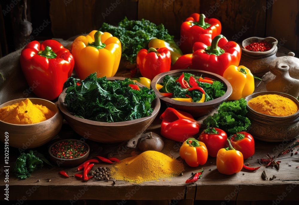 vibrant food ingredients spread out beautifully kitchen surface colorful proportions fresh vegetables rich spices culinary inspiration, colors, herbs, fruit vibrant food ingredients spread out beautifully kitchen surface colorful proportions fresh vegetables rich spices culinary inspiration, colors, herbs, fruit