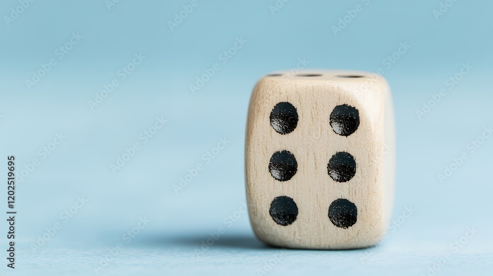A close-up shot of a wooden cube showing the number six, resting on a light blue background