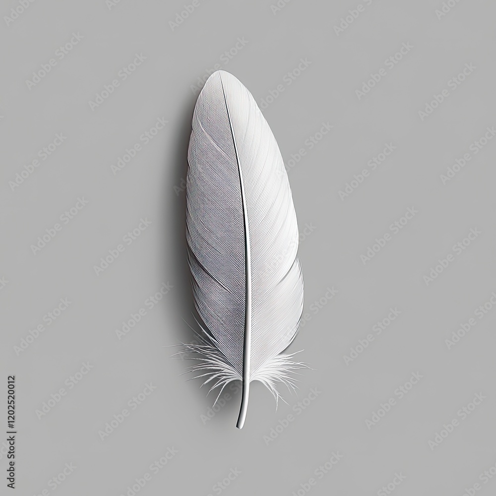 A white feather is shown on a grey background A white feather is shown on a grey background