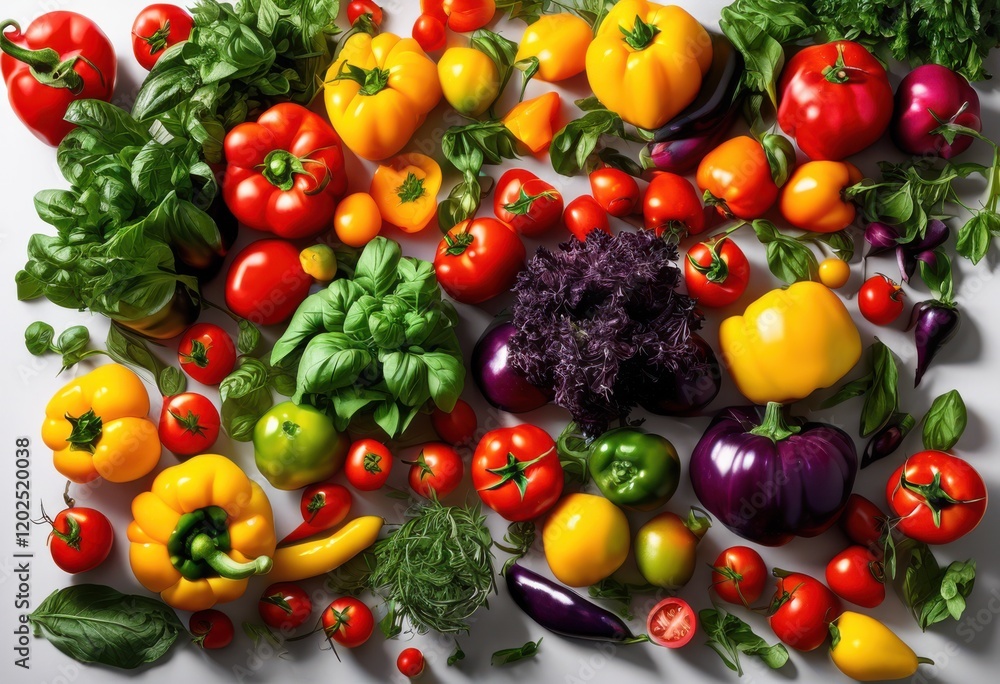 vibrant flat lay composition featuring fresh ingredients including herbs clean white background, array, display, colorful, creative, culinary, design vibrant flat lay composition featuring fresh ingredients including herbs clean white background, array, display, colorful, creative, culinary, design