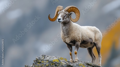 Majestic bighorn sheep stands proud on rocky mountain peak. Background depicts scenic mountain range.  Possible use nature, wildlife, conservation photo