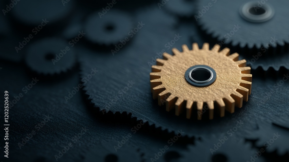 A gold gear stands out amongst numerous dark gears, symbolizing uniqueness and innovation within a complex system A gold gear stands out amongst numerous dark gears, symbolizing uniqueness and innovation within a complex system