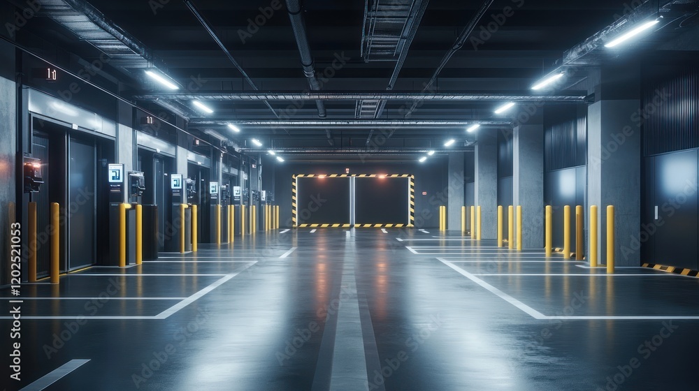 Obraz premium High-tech auto rental center featuring electric vehicles with charging docks and smart kiosks, minimalist design