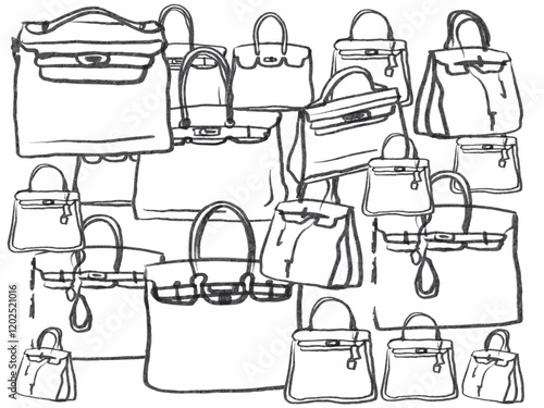 Set of stylish leather women's handbags. Tote, shopper, hobo, bucket, satchel and pouch bags. Modern bags. Hand drawn sketch on white background. Isolated vector set. 