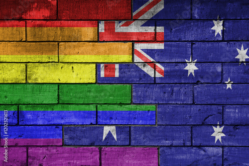 Photography colourful painted big flag of australia and rainbow gay pride flag on a massive old brick wall background