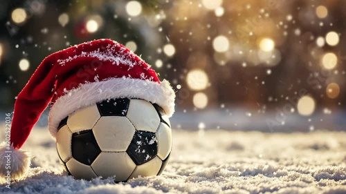 Soccer ball wearing a Santa hat sits in snowy landscape during winter festivities
