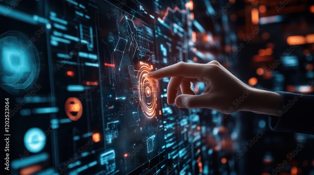 Hand interacts with futuristic holographic interface, touching a circular icon Hand interacts with futuristic holographic interface, touching a circular icon