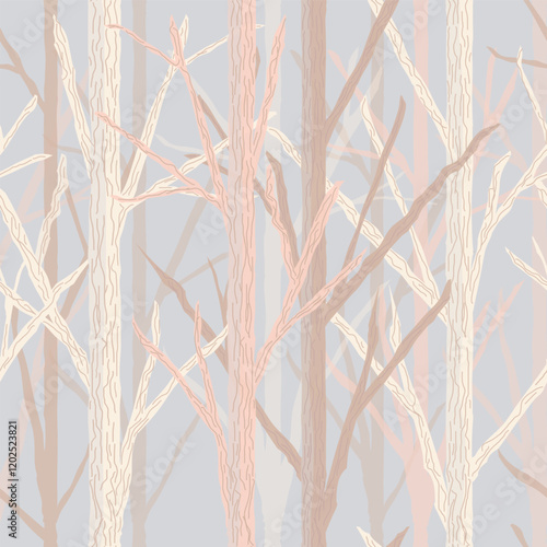 Cabincore Forest in Muted Earth Colors of Beige and Burnt Sienna and Blue Gray creating a seamless pattern print background
