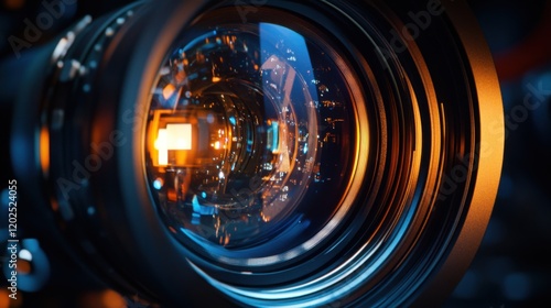 Close-up of professional camera lens and reflections photo