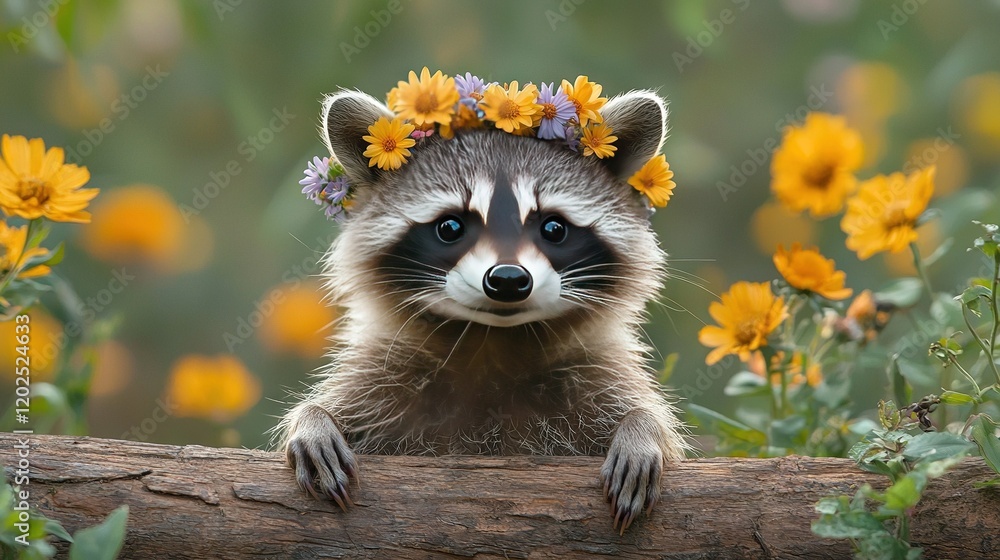 Obraz premium A raccoon wearing a floral crown sat on a log amidst a field of vibrant flowers