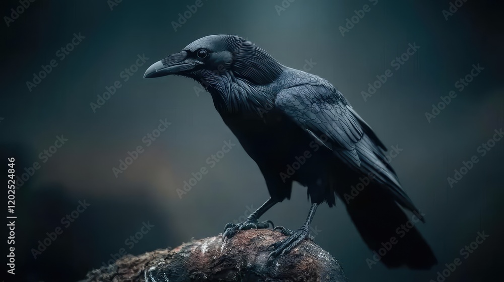Fototapeta premium Black raven perched on a weathered branch against a dark, misty background during twilight.