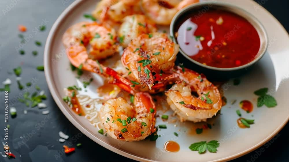 Grilled shrimp appetizer on plate with vibrant sauce and fresh herbs, delicious seafood meal that showcases exquisite cuisine, beautifully garnished for any occasion. Grilled shrimp appetizer on plate with vibrant sauce and fresh herbs, delicious seafood meal that showcases exquisite cuisine, beautifully garnished for any occasion.