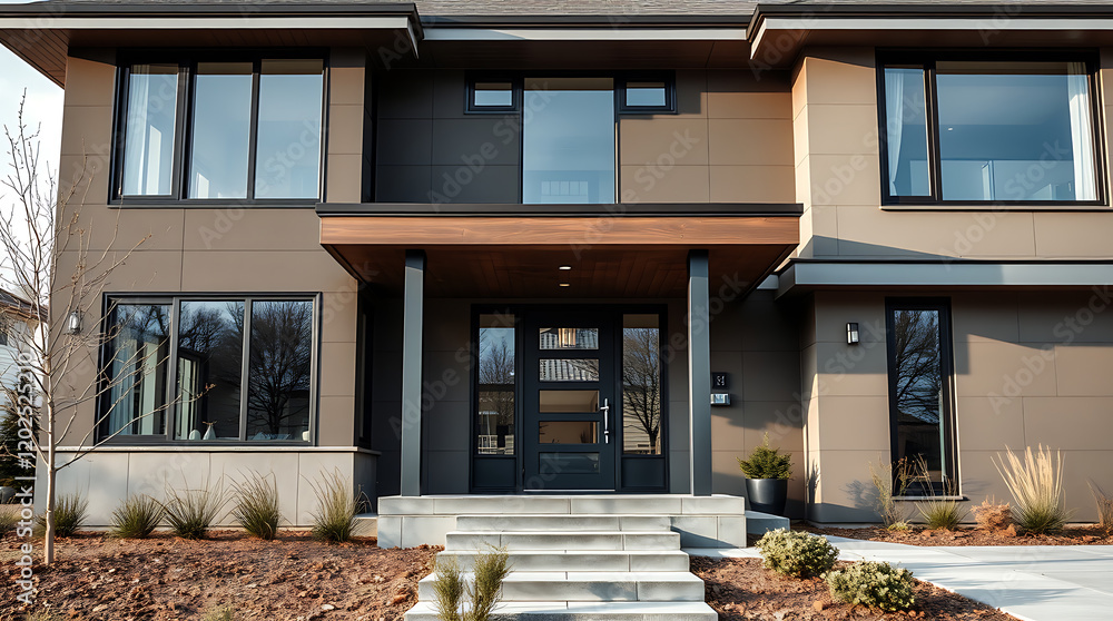 Fototapeta premium Modern Architectural Home Exterior: Contemporary Design and Luxury Real Estate