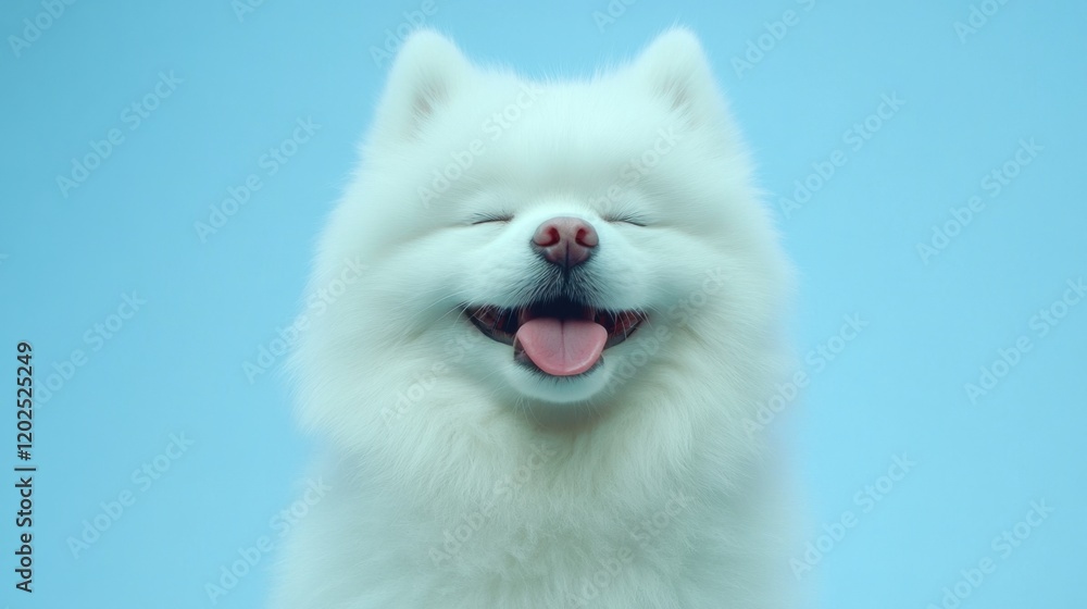 Fototapeta premium Content fluffy white dog on blue background