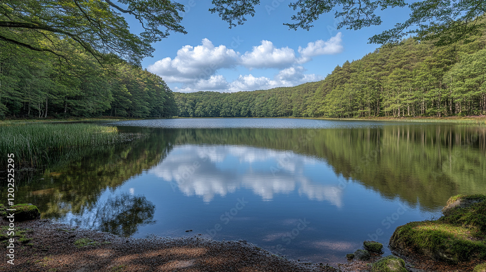 A peaceful reflection of the sky in a calm lake surrounded by lush trees with modern blurred elements and an empty caption space on the side conveying tranquility and balance
A peaceful reflection of the sky in a calm lake surrounded by lush trees with modern blurred elements and an empty caption space on the side conveying tranquility and balance