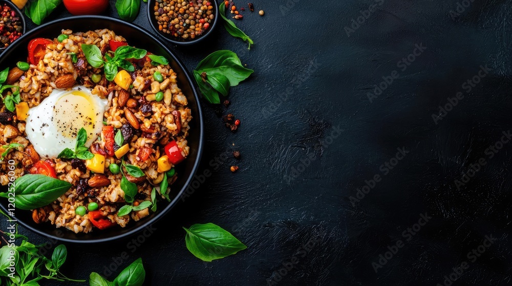 Savory rice bowl with egg, vegetables, and spices. Delicious healthy meal. Food blog use Savory rice bowl with egg, vegetables, and spices. Delicious healthy meal. Food blog use