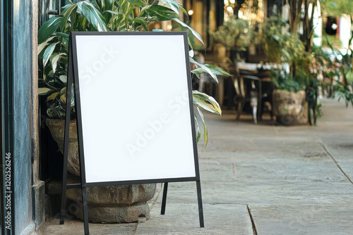 Blank white outdoor advertising stand or sandwich board mockup template. Clear street signage board placed by some pots of plants. Background texture of standee at the entrance of shop or building. photo