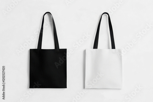 White and black tote bags mockup on a grey background. 
