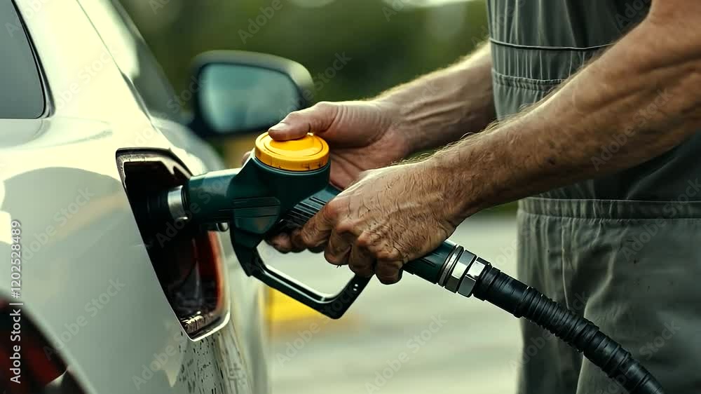 1_Mechanic Wiping Down Gas Pump Nozzle with Oil Stained Hands 1_Mechanic Wiping Down Gas Pump Nozzle with Oil Stained Hands