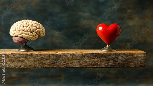 Balance between intellect and emotion displayed with a brain and heart on wooden stand