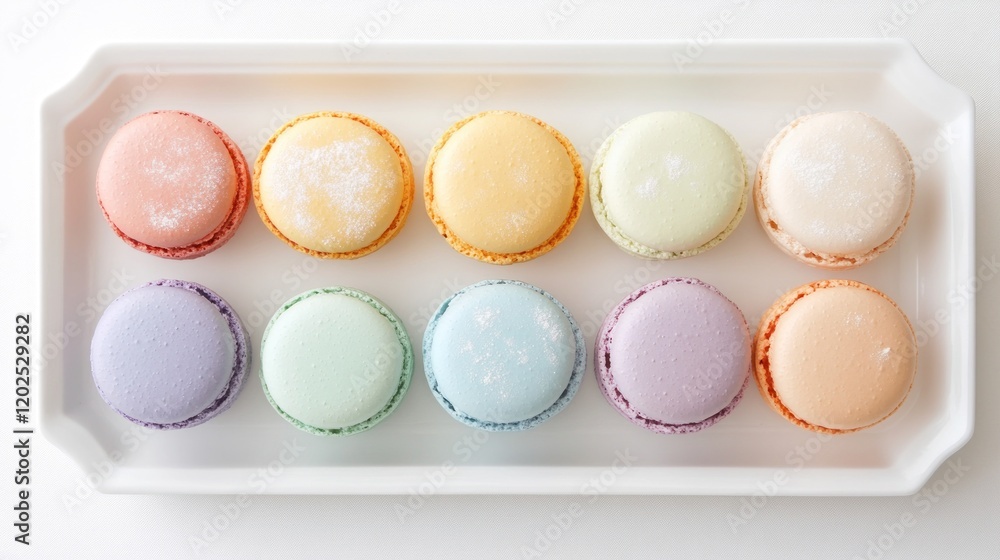 Obraz premium Colorful macarons arranged on a white rectangular plate.