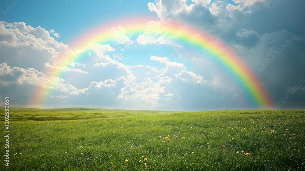 Naklejka premium Colorful rainbow arcing across green fields under a cloudy sky with soft natural light