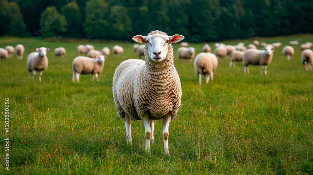 Grazing sheep in green fields under soft overcast lighting creating a peaceful pastoral scene Grazing sheep in green fields under soft overcast lighting creating a peaceful pastoral scene