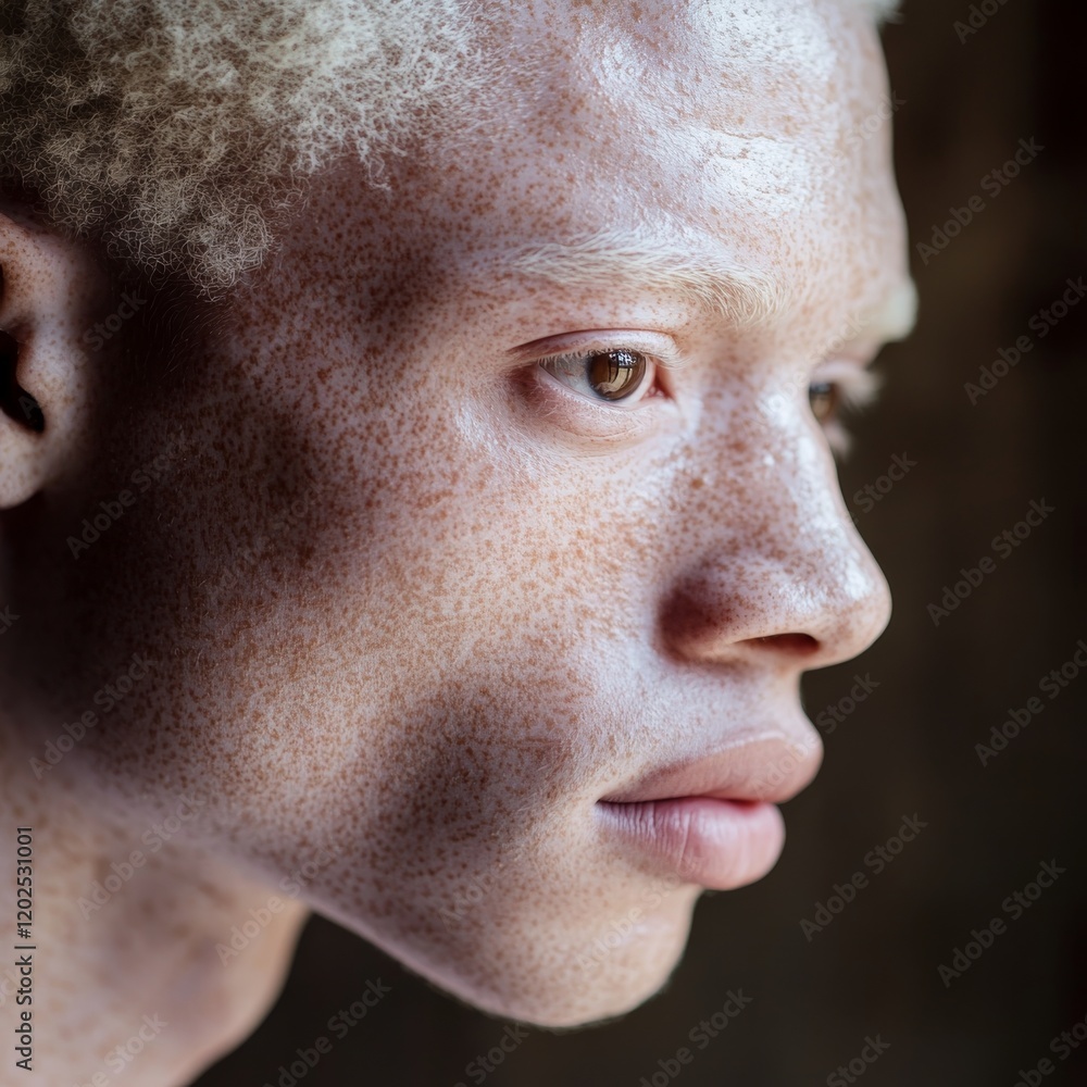 Fototapeta premium Portrait of a handsome African albino man with deep eyes against a blurred background. African albino man with a rich skin tone.