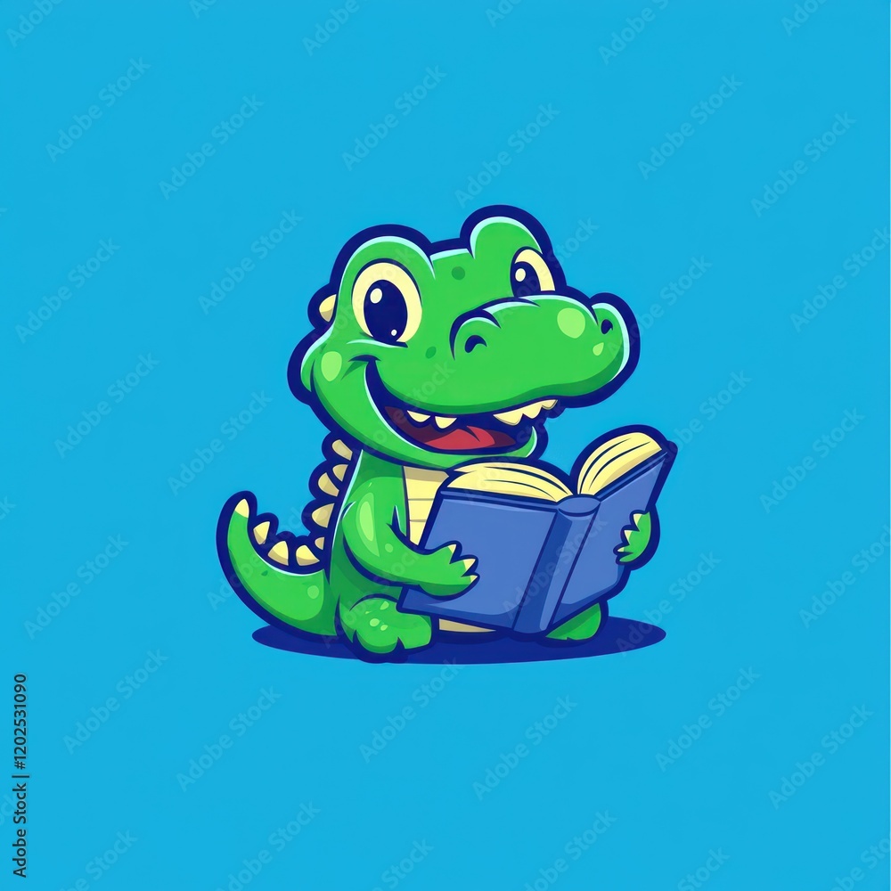 Smiling green alligator reads a blue book on solid blue backdrop, for child education Smiling green alligator reads a blue book on solid blue backdrop, for child education