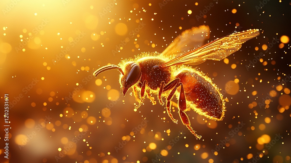 A bee flying in the foreground against a blurred background of warm orange-yellow lights A bee flying in the foreground against a blurred background of warm orange-yellow lights