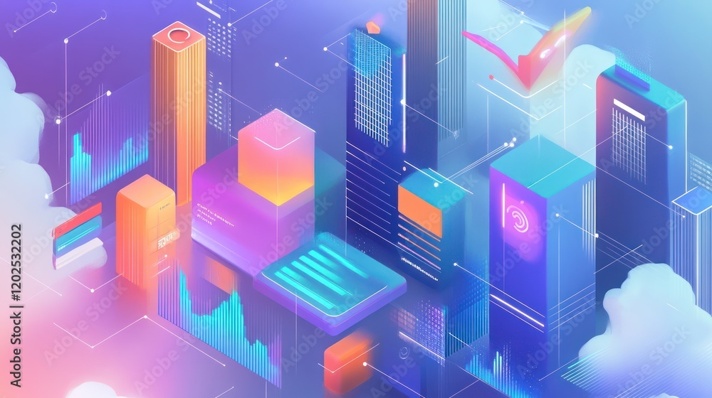 Digital Landscape of Innovation: An abstract and futuristic illustration depicting a vibrant cityscape composed of data, code, and digital elements. Digital Landscape of Innovation: An abstract and futuristic illustration depicting a vibrant cityscape composed of data, code, and digital elements.