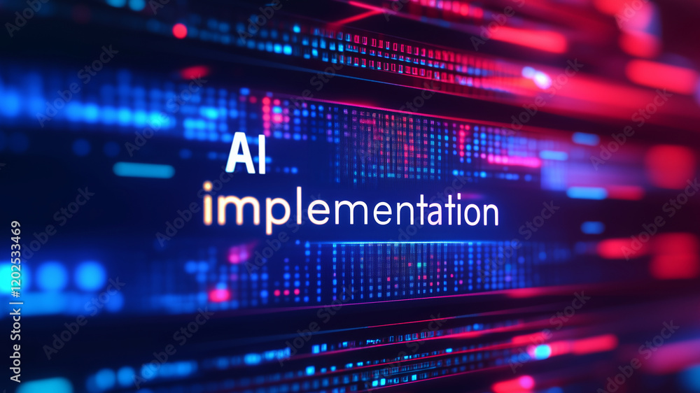 Ai implementation text on blurry lines of code, integration of artificial intelligence in business operations concept Ai implementation text on blurry lines of code, integration of artificial intelligence in business operations concept