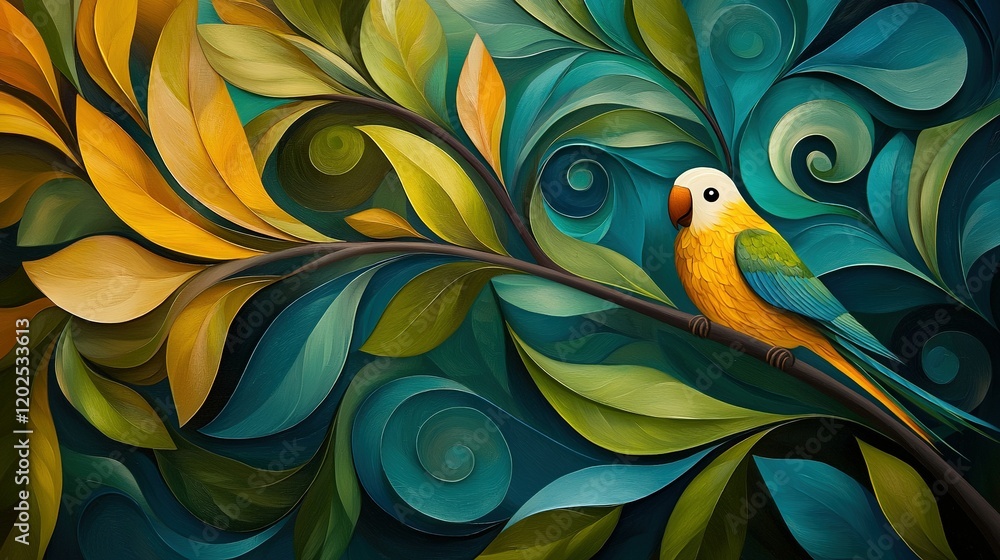 Obraz premium Image of a bird perched on a branch against a backdrop of blue, yellow, and green