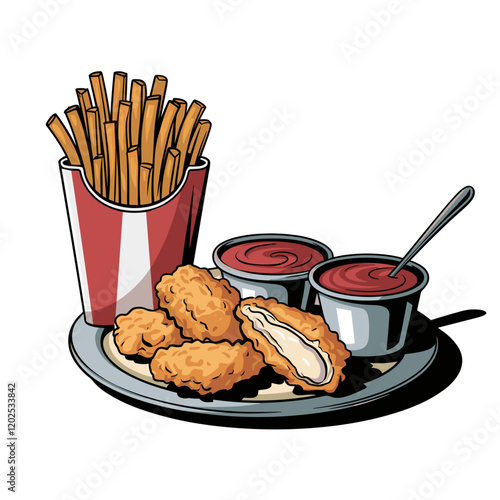 Cartoon Chicken Nuggets and Fries with Dipping Sauce