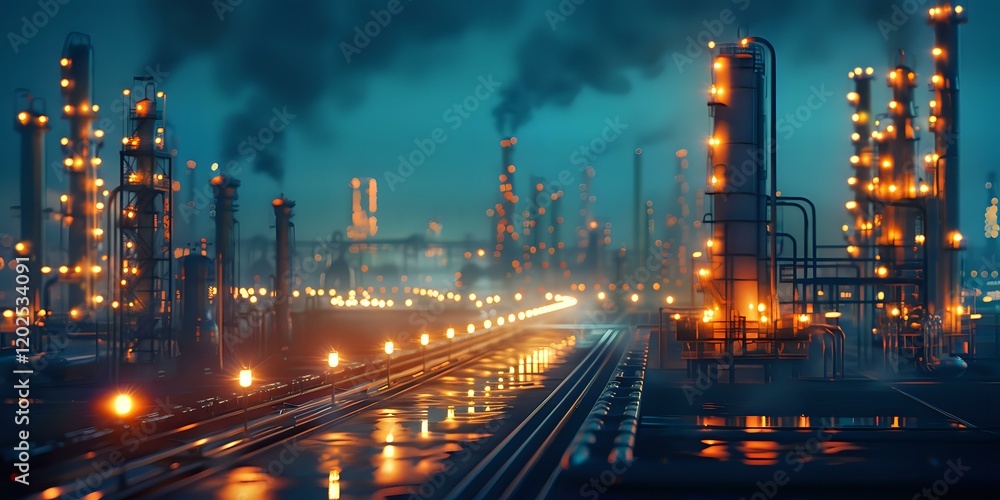 Fototapeta premium Industrial night panorama of oil refinery with illuminated equipment and railway tracks reflecting in wet surface during rainy weather. Atmospheric petrochemical plant view.