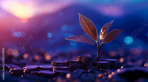 A young sapling emerging from a base of stacked coins, its leaves glistening in golden light, set against an abstract backdrop of vibrant blues and purples, symbolizing savings and photo