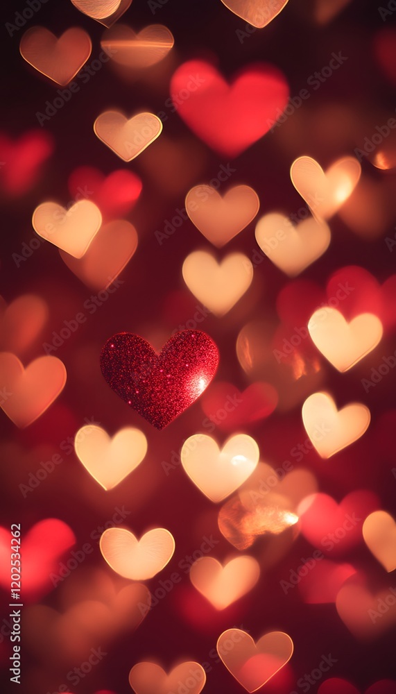 Golden bokeh in the shape of hearts on red background Golden bokeh in the shape of hearts on red background
