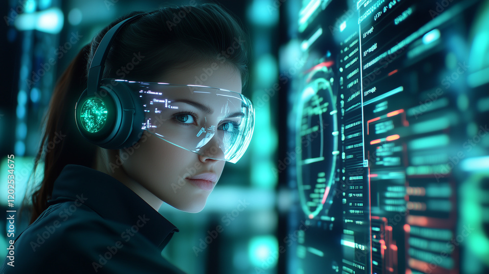 A futuristic woman with a transparent headset displaying dynamic holograms, blending seamlessly with her surroundings of glowing neon panels and AI-driven call center visuals A futuristic woman with a transparent headset displaying dynamic holograms, blending seamlessly with her surroundings of glowing neon panels and AI-driven call center visuals