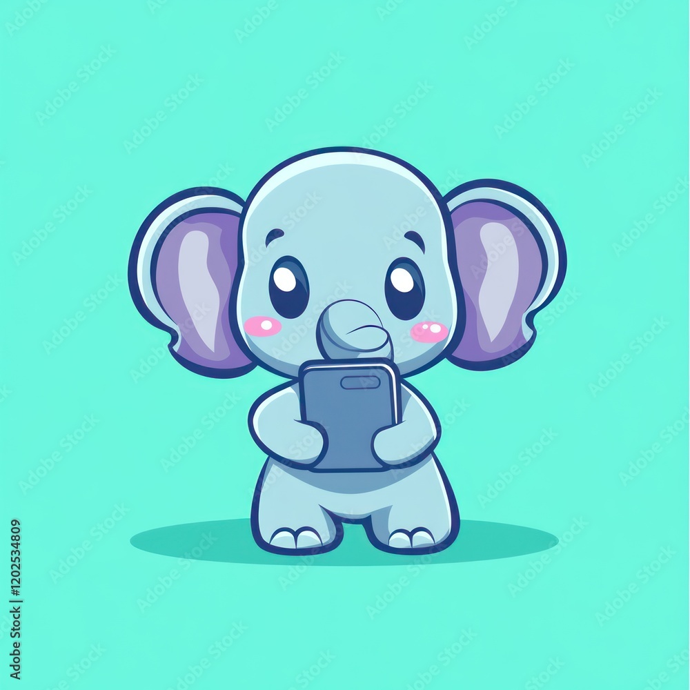 Fototapeta premium Cute baby elephant using phone; turquoise background; app icon