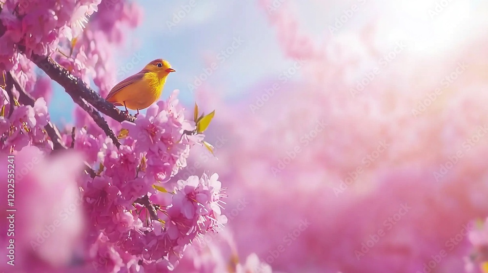 A tiny yellow bird perched on a tree's branch, surrounded by vibrant pink blooms in the foreground and a serene blue backdrop A tiny yellow bird perched on a tree's branch, surrounded by vibrant pink blooms in the foreground and a serene blue backdrop