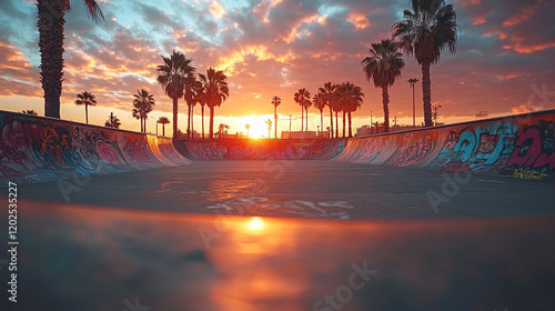 Empty skatepark with graffiti-covered ramps and palm trees against a vibrant sunset, capturing a sense of solitude and untapped potential with a blurred modern background and open caption space
 photo