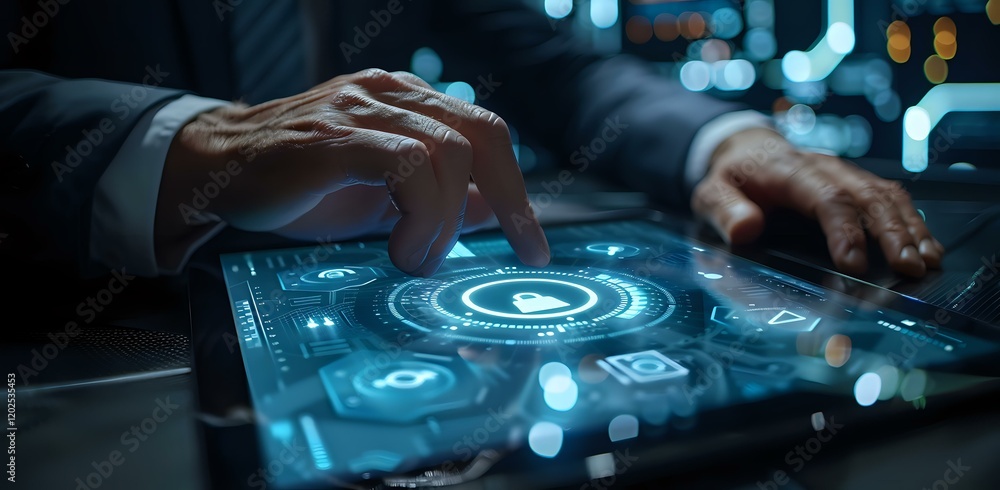 Obraz premium Businessman hands working on futuristic digital tablet with glowing cyber security interface, perfect for technology and data protection concepts in corporate settings.