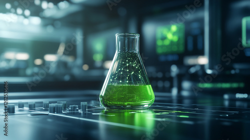 A futuristic lab scene with a glass flask containing a vivid green liquid, surrounded by holographic projections of eco-research breakthroughs and technological innovations