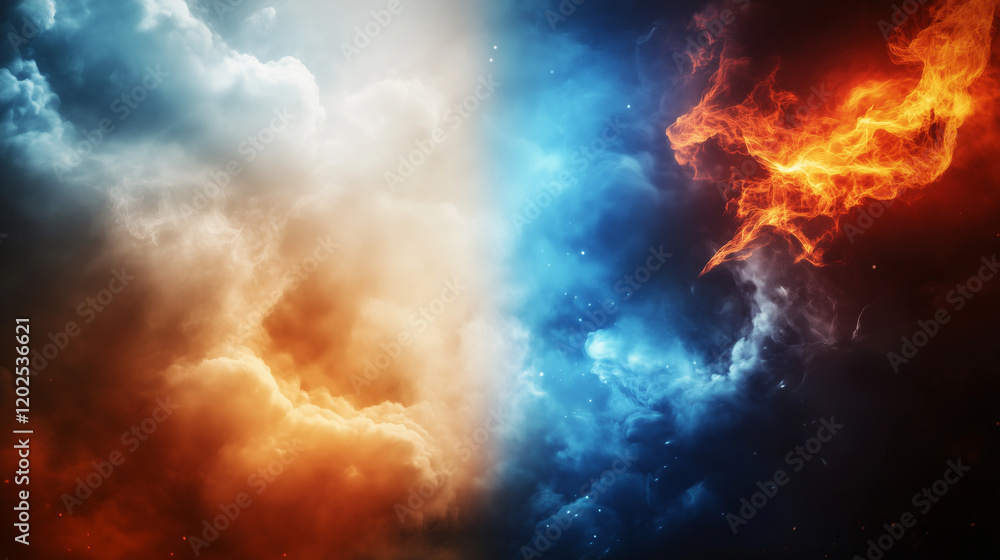 A versus-themed wallpaper showing an epic showdown between heaven and hell, with one side bathed in ethereal blue and white light and the other ablaze with fiery orange and crimson A versus-themed wallpaper showing an epic showdown between heaven and hell, with one side bathed in ethereal blue and white light and the other ablaze with fiery orange and crimson