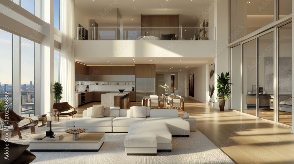 Obraz premium Luxury apartment floor plan featuring expansive living areas, a gourmet kitchen, and panoramic views