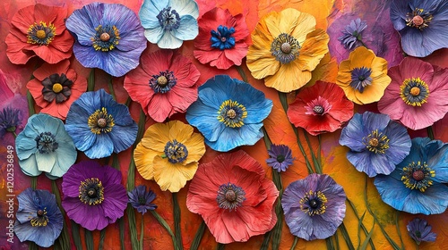 Wallpaper Mural   A vibrant collection of multi-colored blossoms against a diverse backdrop of red, orange, blue, yellow, and pink hues Torontodigital.ca