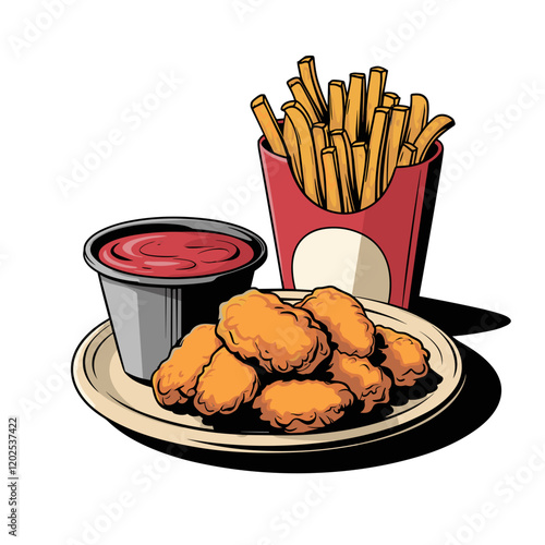 Cartoon Chicken Nuggets and Fries with Dipping Sauce