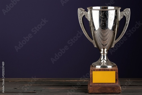 Silver trophy with blank yellow nameplate on wooden base photo